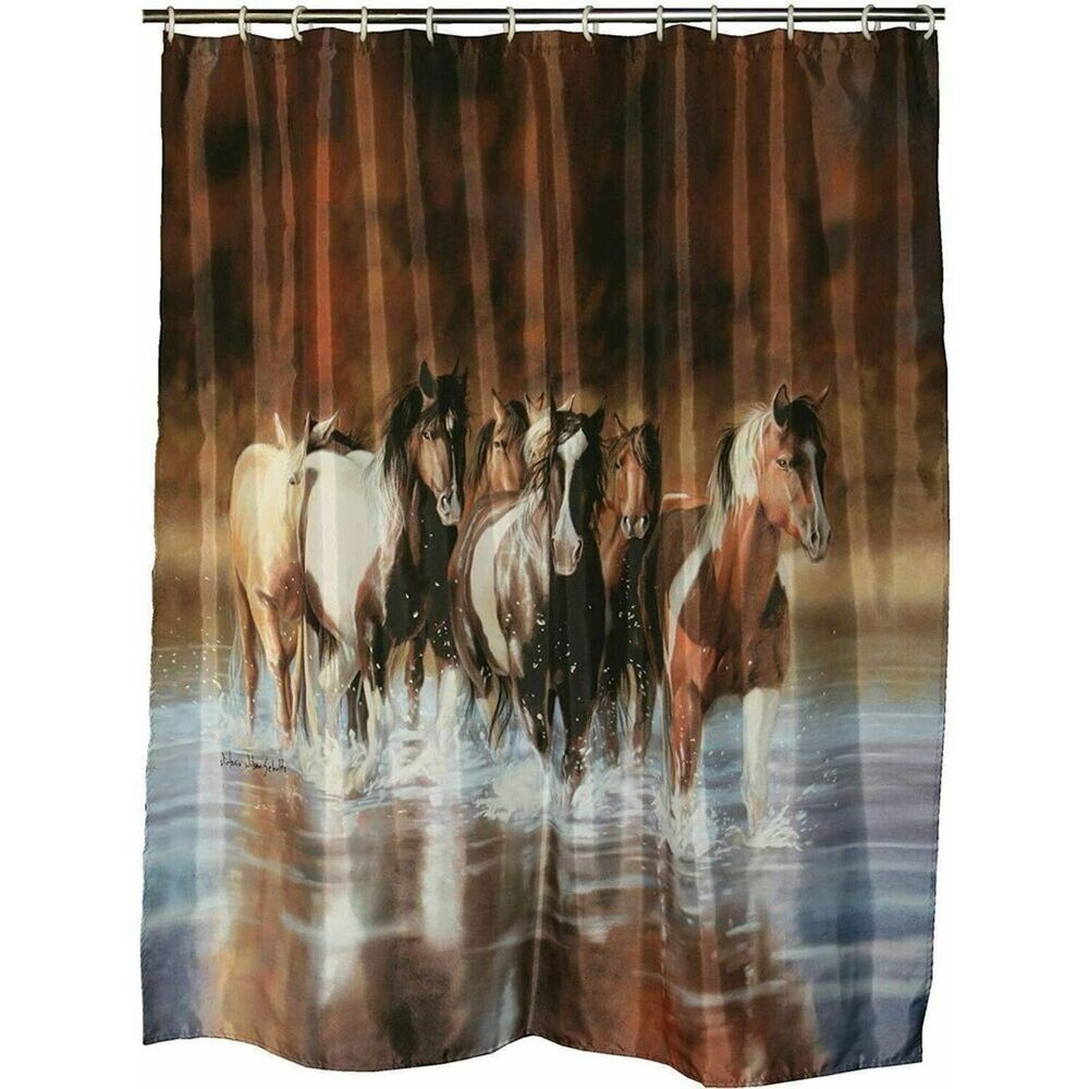 Rivers Edge Rush Hour Fabric Shower Curtain Horse Crossing Creek Brown Hooks NEW